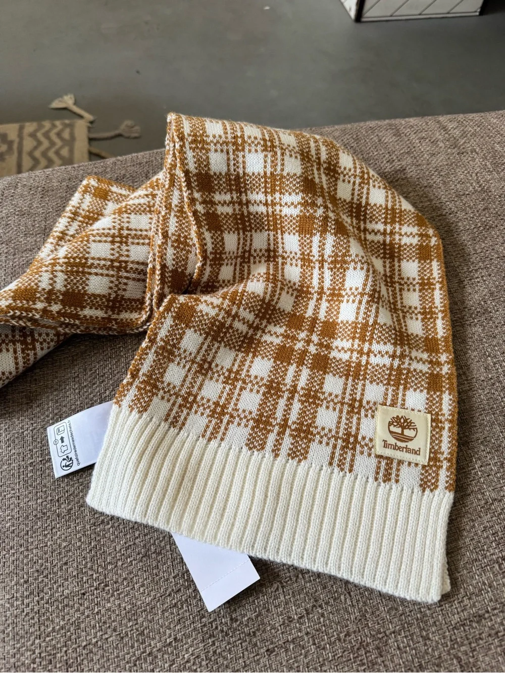 Timberland Cream & Golden Plaid Knit Scarf